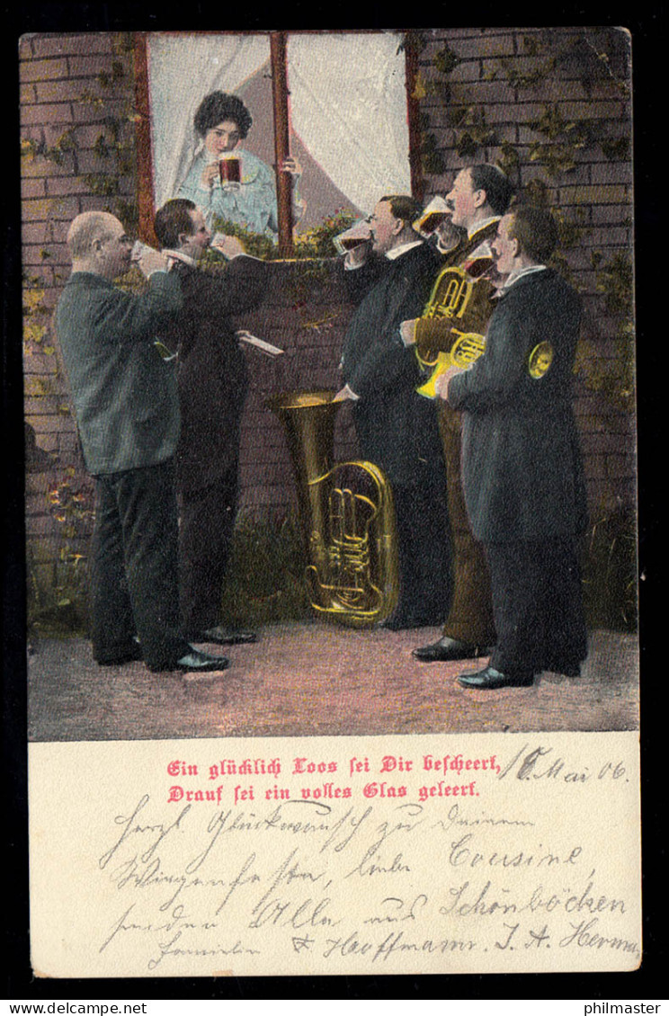 Lyrik-AK Das Bier Als Belohnung - Musikanten Am Fenster Mit Gedicht, LÜBECK 1906 - Autres & Non Classés