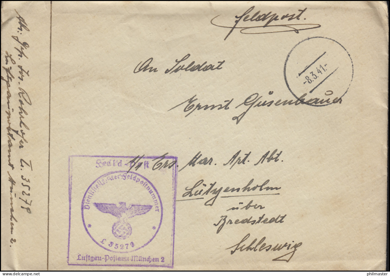 Feldpost BS Luftgau-Postamt München 2 / FP-Nr. L 35279, Brief Tarnstempel 8.3.41 - Besetzungen 1938-45