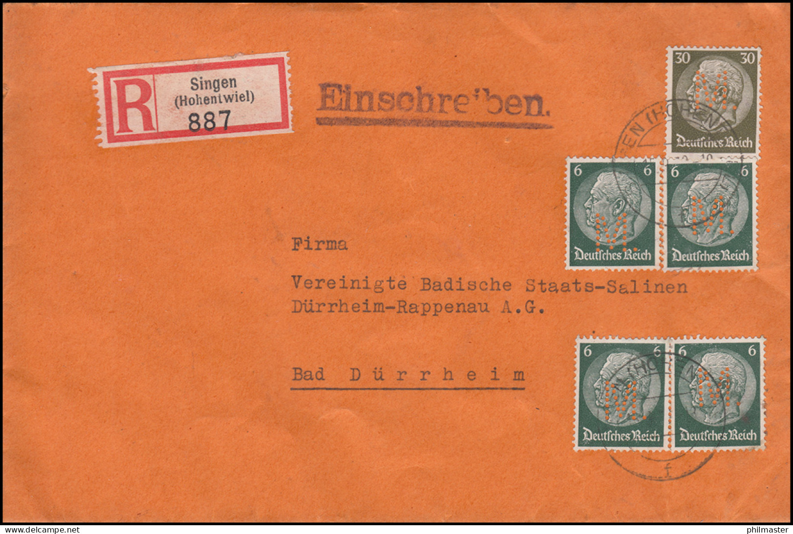 Firmenlochung M. Auf Hindenburg-Marken 6+30 Pf Als MiF R-Brief SINGEN 15.9.39 - Other & Unclassified