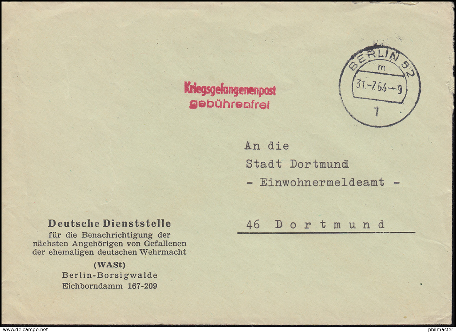 Kriegsgefangenenpost Deutsche Dienststelle WASt BERLIN 31.7.64 Nach Dortmund - Feldpost 2e Wereldoorlog