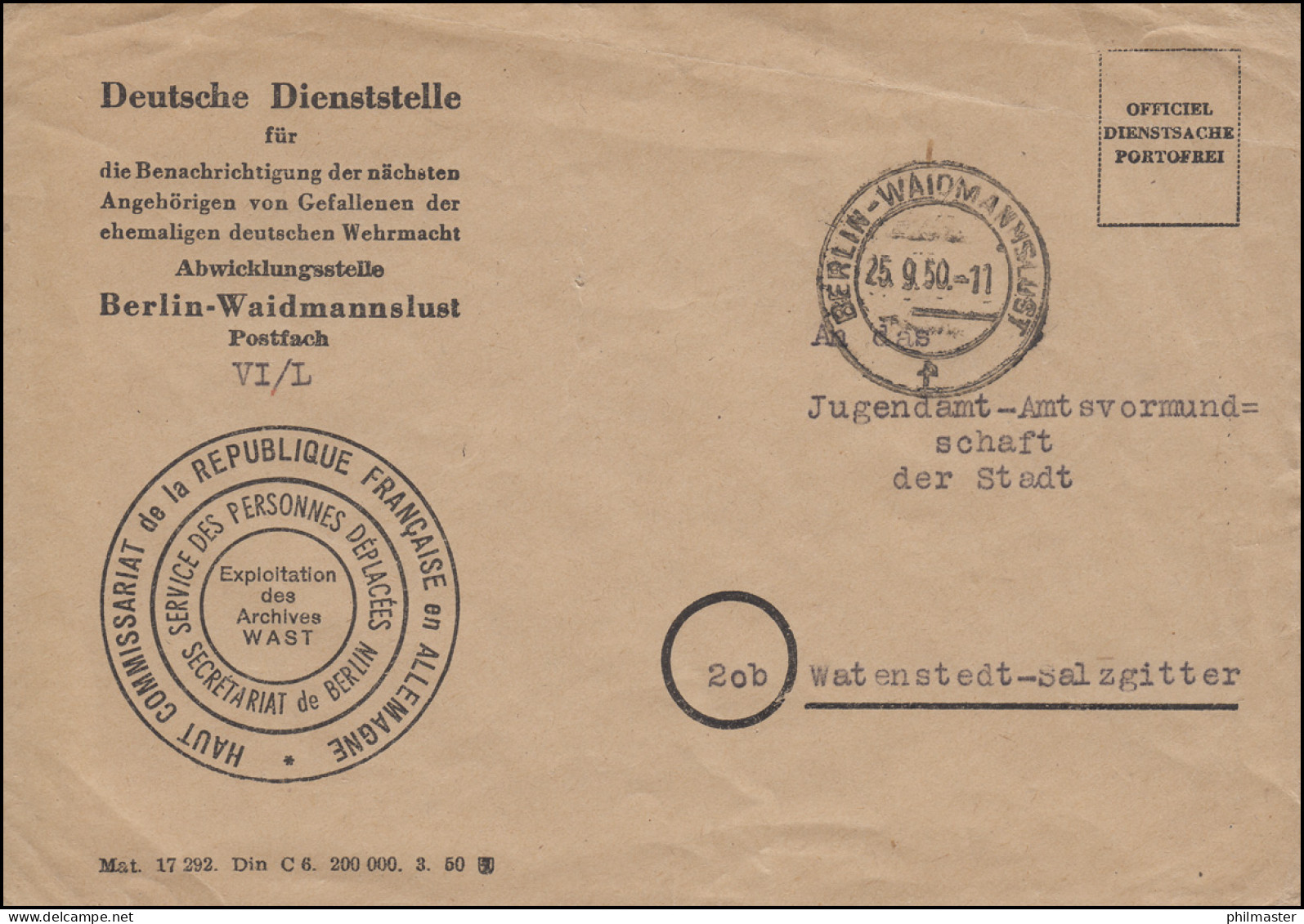 Dienststelle Für Benachrichtigung Gefallener Der Wehrmacht Brief BERLIN 25.9.50 - Andere & Zonder Classificatie