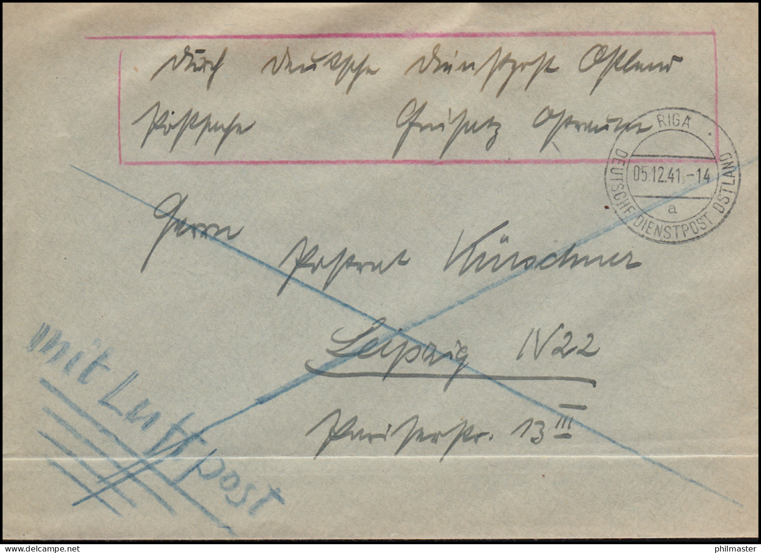 Deutsche Dienstpost Ostland Riga Brief RIGA 5.12.1941 Nach Leipzig - Occupazione 1938 – 45