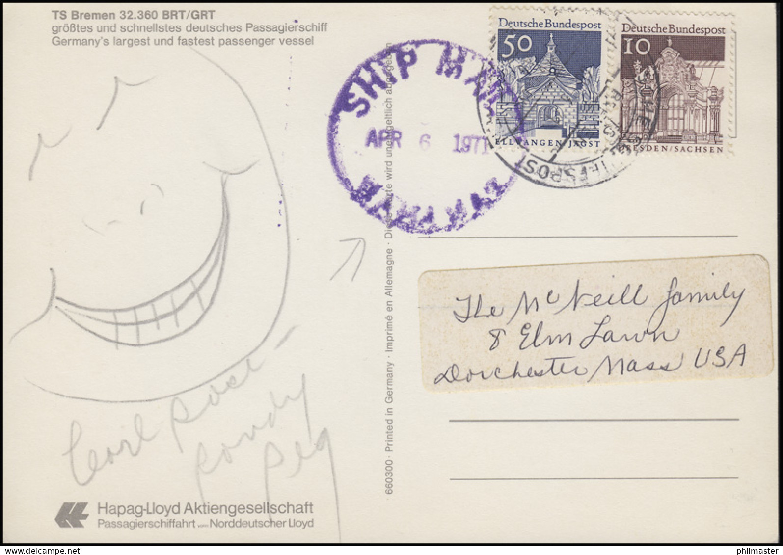 Deutsche Schiffspost TS BREMEN Auf AK Bremen, Violetter Stempel SHIP MAIL 6.4.71 - Andere & Zonder Classificatie