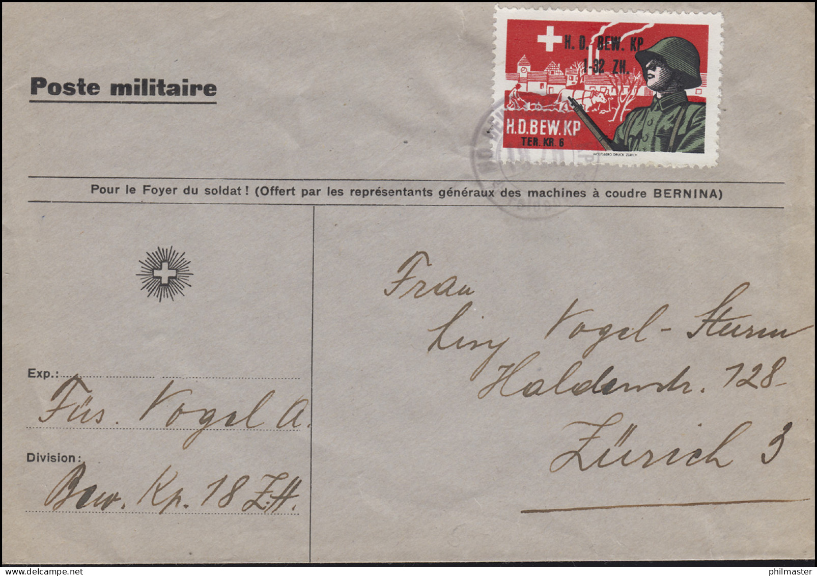 Schweizer Militärpost H.D. BEWACHUNGS KP. 18/H FELDPOST Mit Soldatenmarke - Autres & Non Classés