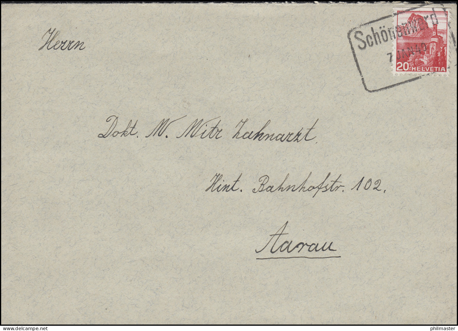 310 Freimarke 20 C EF Auf Brief Rahmenstempel Schönenwerd 7.1.1949 Nach Aarau - Other & Unclassified