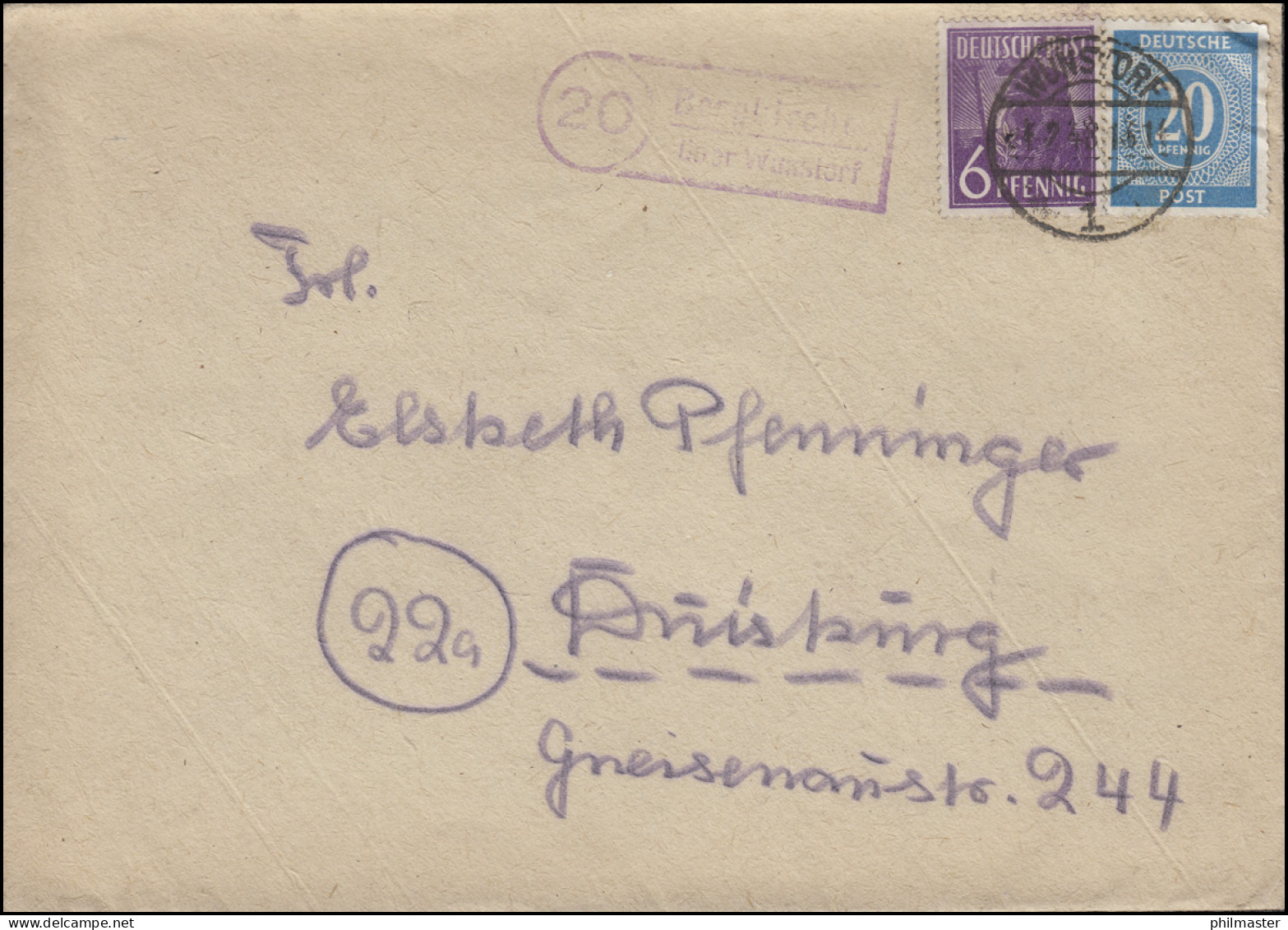 Landpost Bergkirchen über WUNSDORF 4.2.1948 Fern-Brief 924+944 MiF N. Duisburg - Briefe U. Dokumente