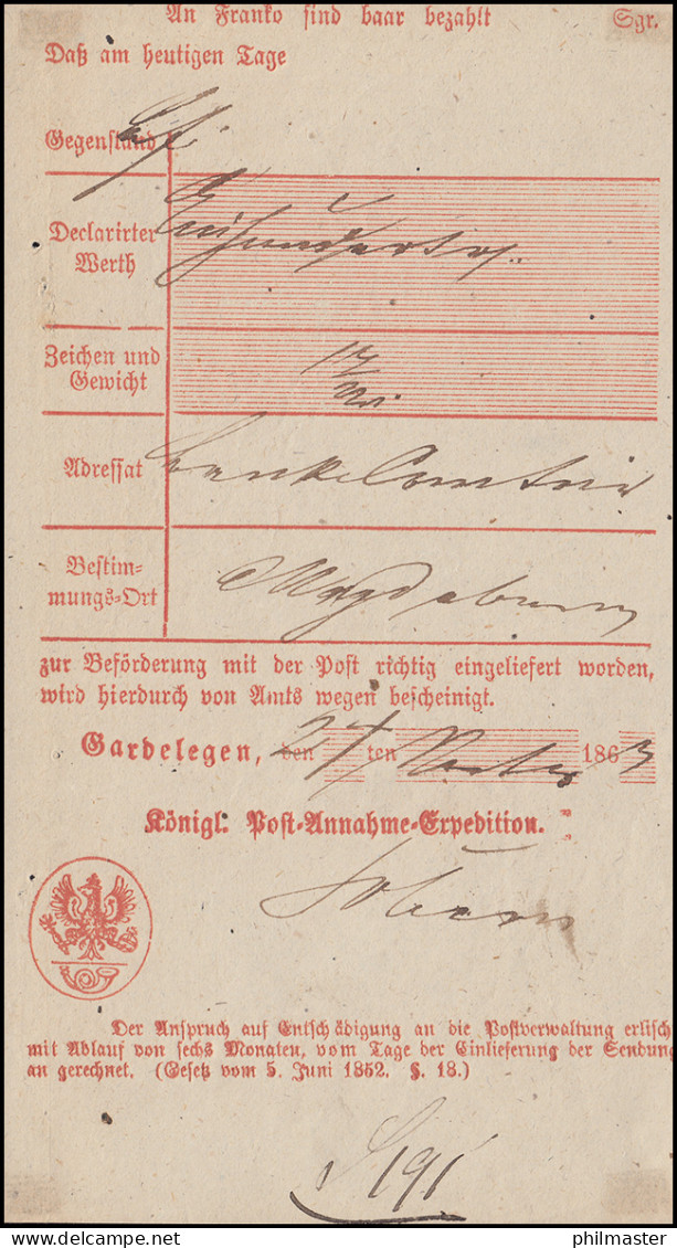 Preußen Einlieferungsschein über Geldbegleitbrief Gardelegen 1863 Nach Magdeburg - Prephilately