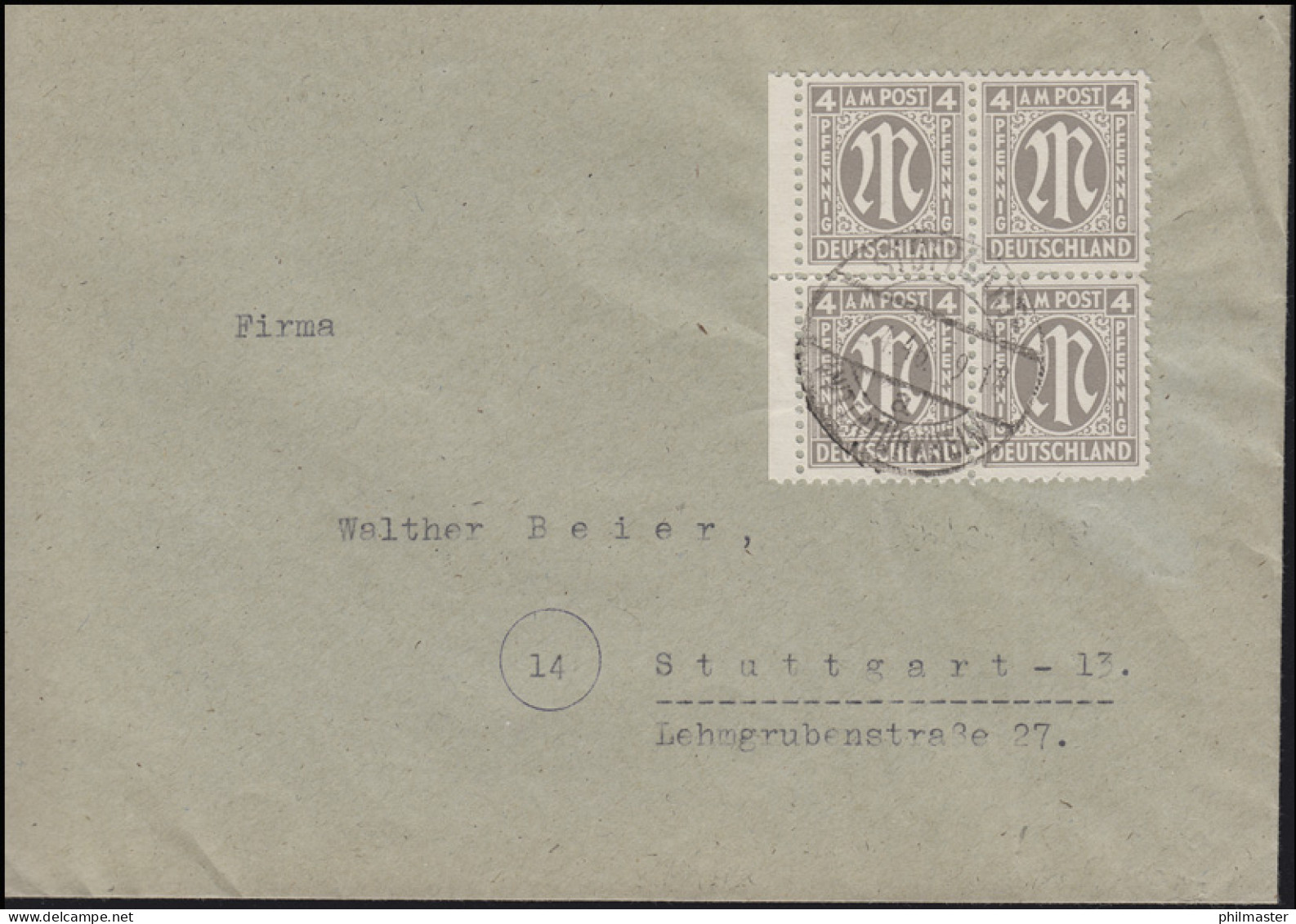 2x AM-Post 4 Pf. Rand-Viererblock MeF Orts-Bf. STUTTGART-UNTERTÜRKHEIM 12.4.46 - Lettres & Documents