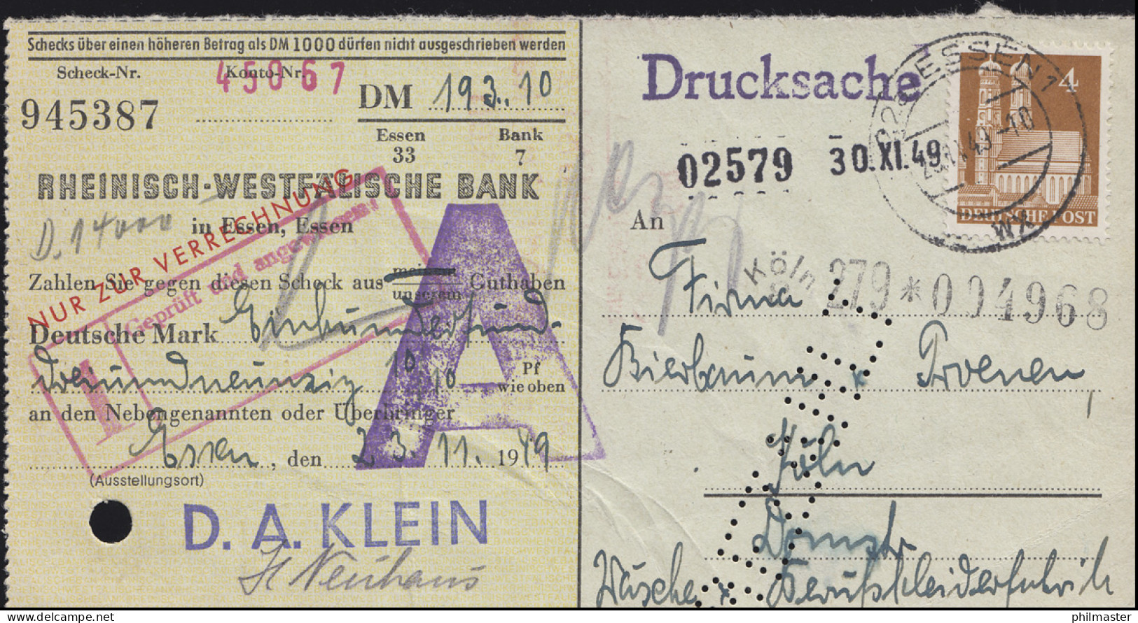 74eg Bauten 4 Pf EF Auf Geldüberweisungs-Drucksache ESSEN 25.11.49 - Briefe U. Dokumente