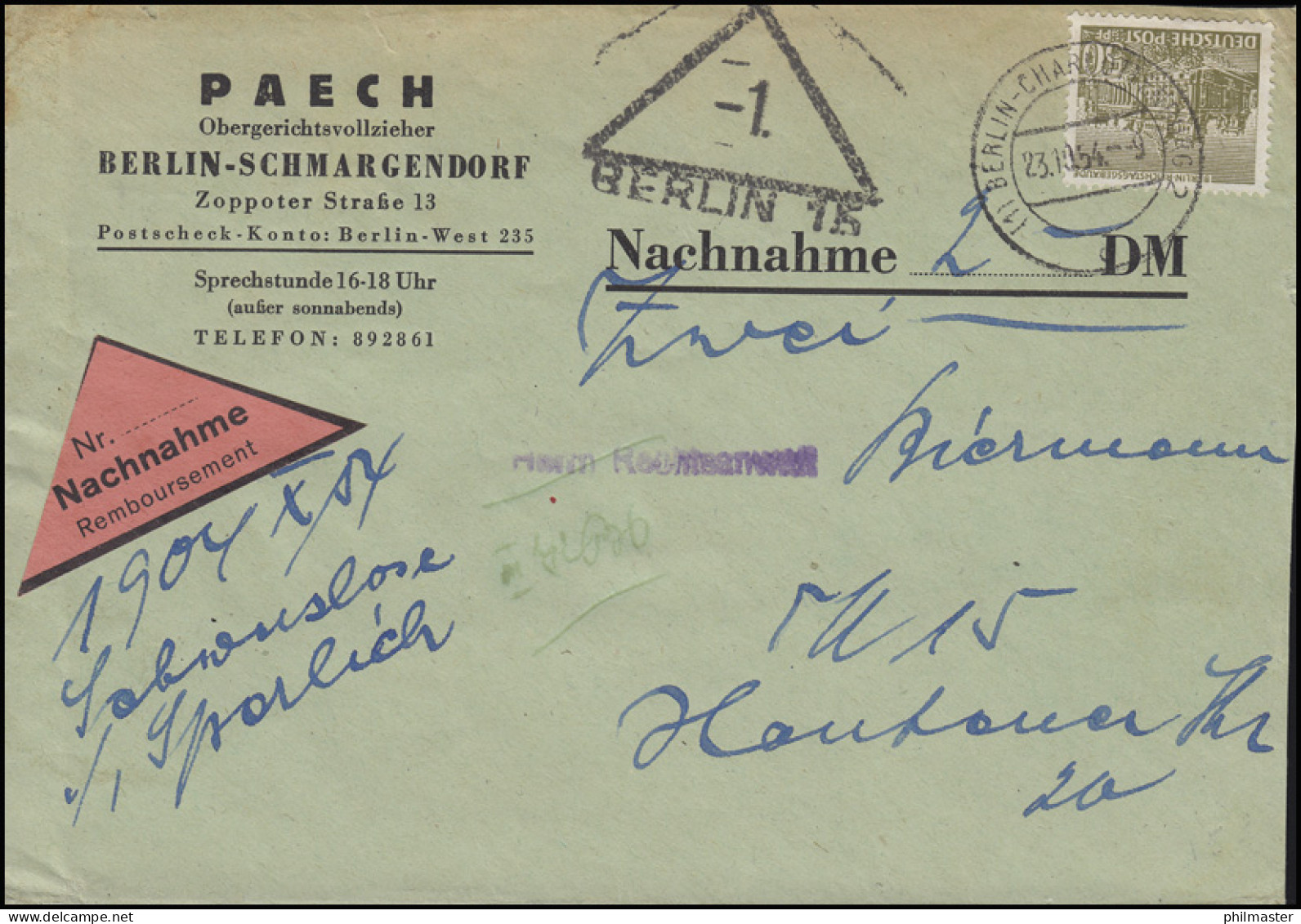 53 Berliner Bauten 50 Pf EF Orts-Nachnahme-Bf Gerichtsvollzieher BERLIN 23.10.54 - Covers & Documents