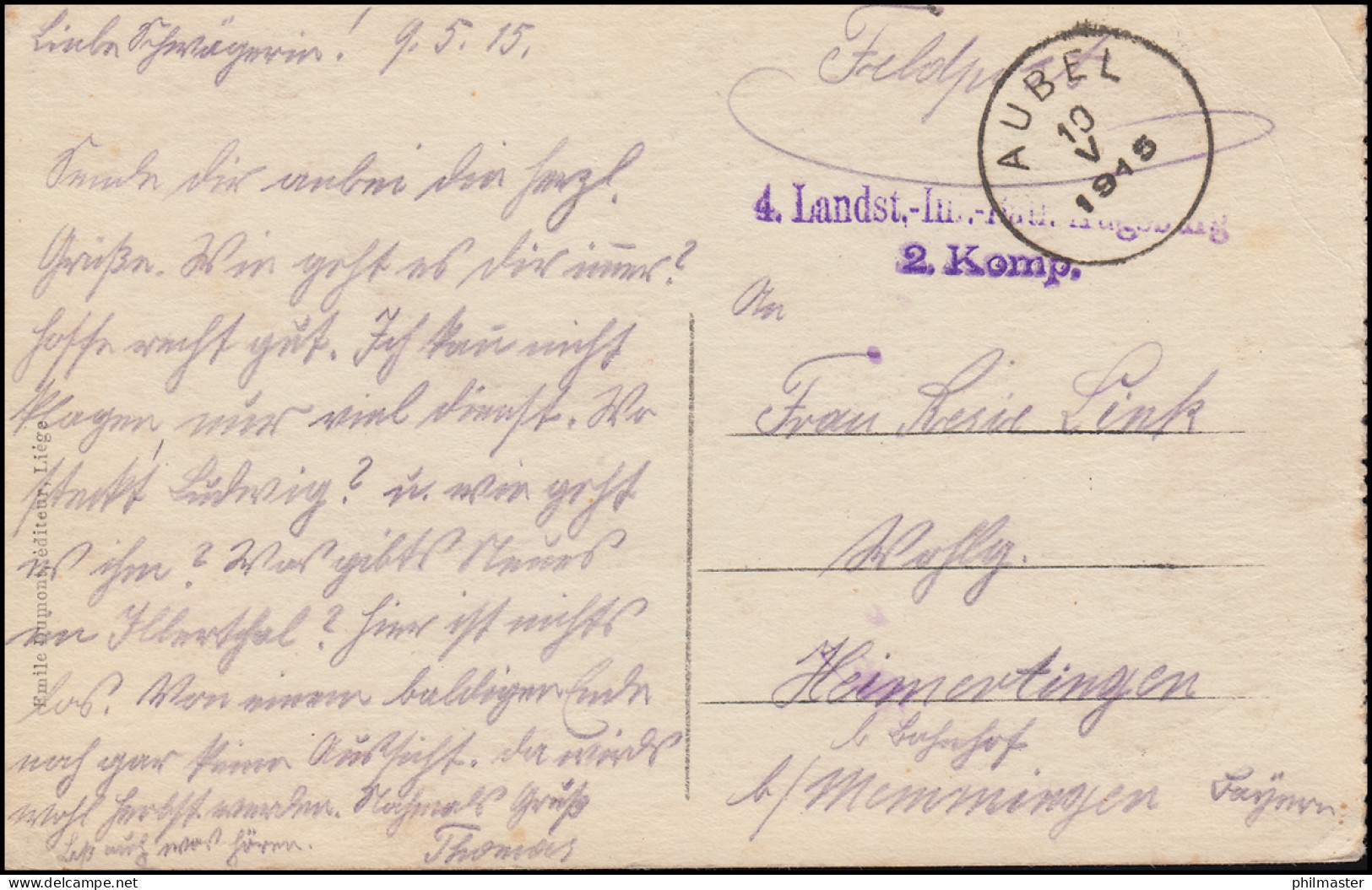 Feldpost 4. Landsturm-Inf. Augsburg, AUBEL 10.5.1915 Auf AK Liege Lüttich - Besetzungen 1914-18