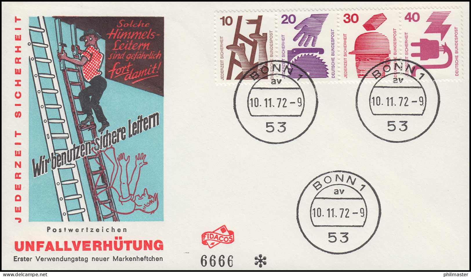 ZD-Streifen 10/20/30/40 Pf Aus HBl.23 Unfall Auf Schmuck-FDC BONN 10.11.72 - Zusammendrucke