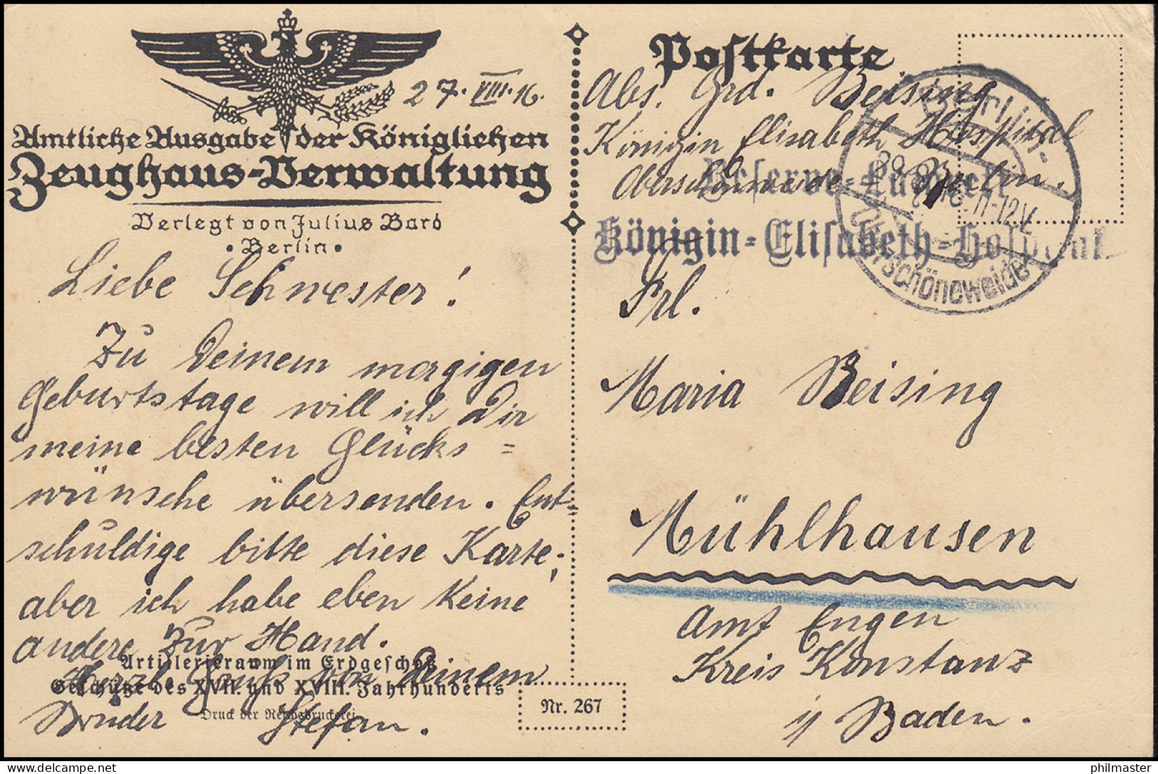 Feldpost Königin-Elisabeth-Hospital Berlin-Oberschöneweide 29.9.16 Auf Miltär-AK - Occupation 1914-18