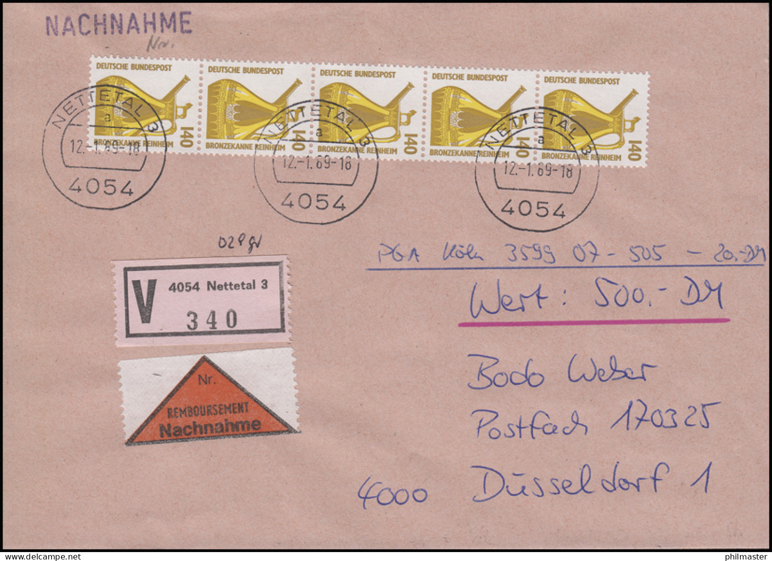 1401 SWK 140 5er-Streifen Mit Nummer Portogerechter Nachnahme-Wert-FDC 12.1.89 - Rolstempels