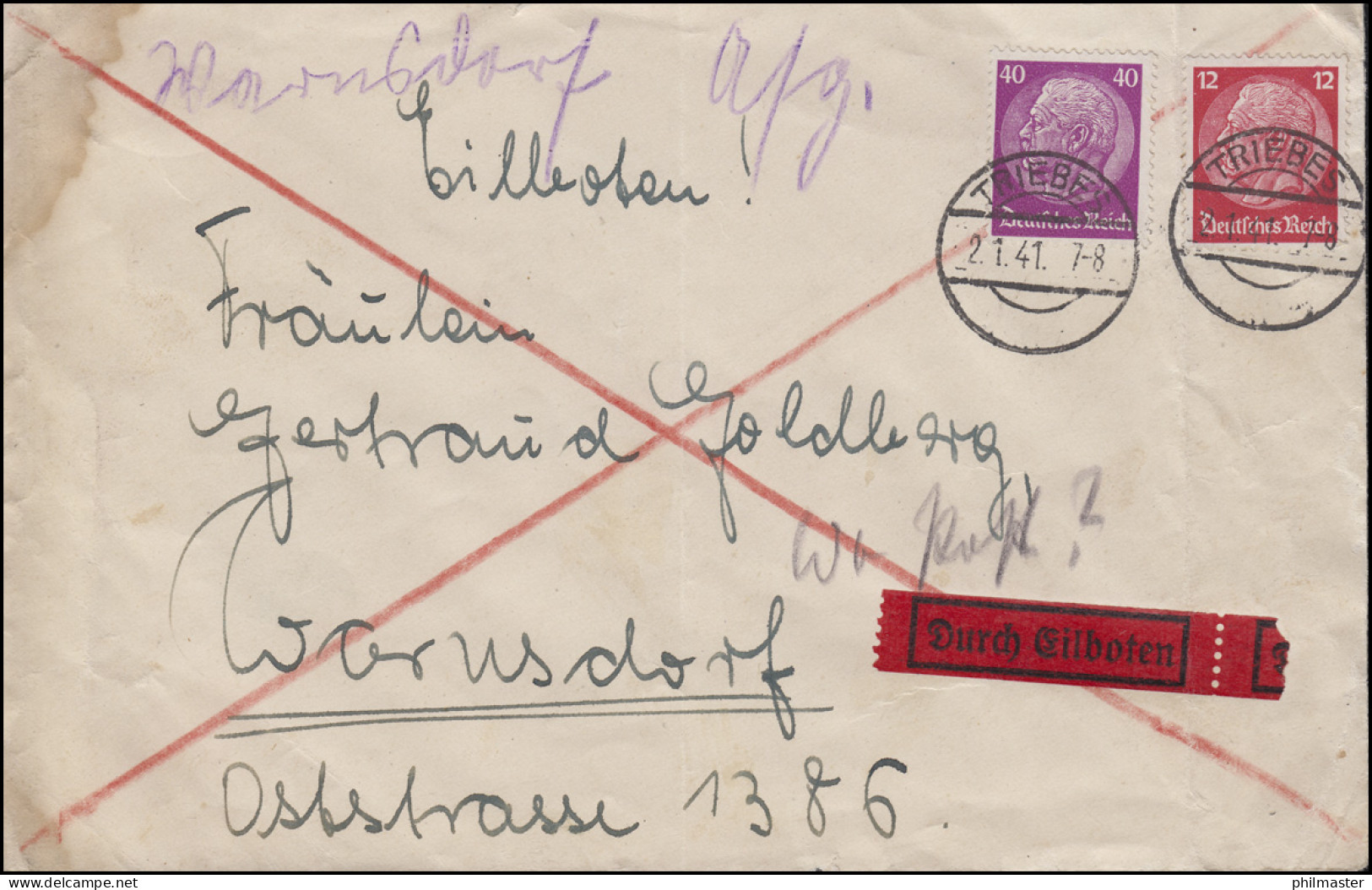 Hindenburg-MiF 40+12 Pf. Eilbrief Von TRIEBES 2.1.41 Nach Plauen Warnsdorf - Storia Postale