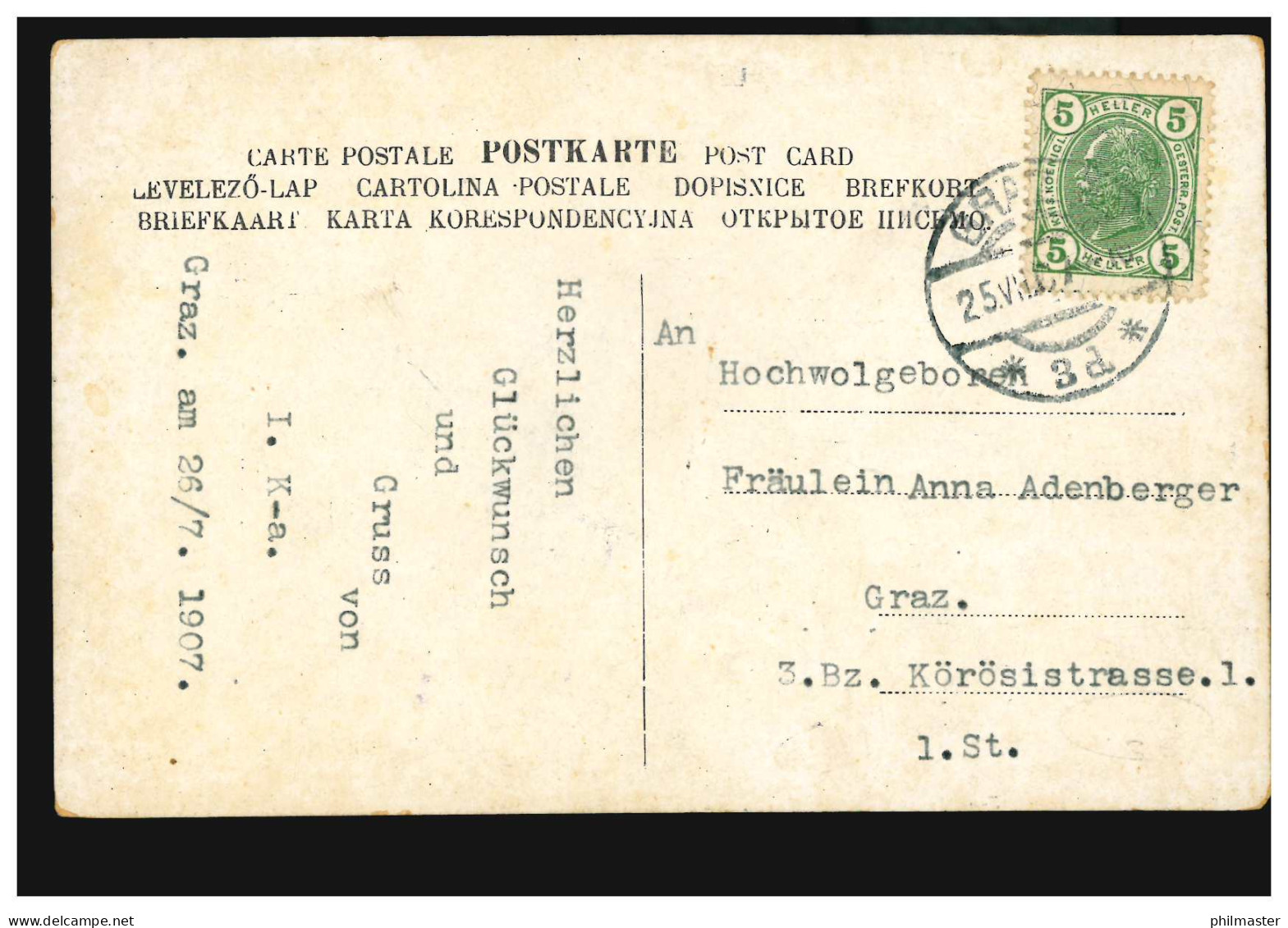 Ansichtskarte Vornamen: Hoch Anna! Übergroße Zahl 26, GRAZ 25.7.1907 - Prénoms