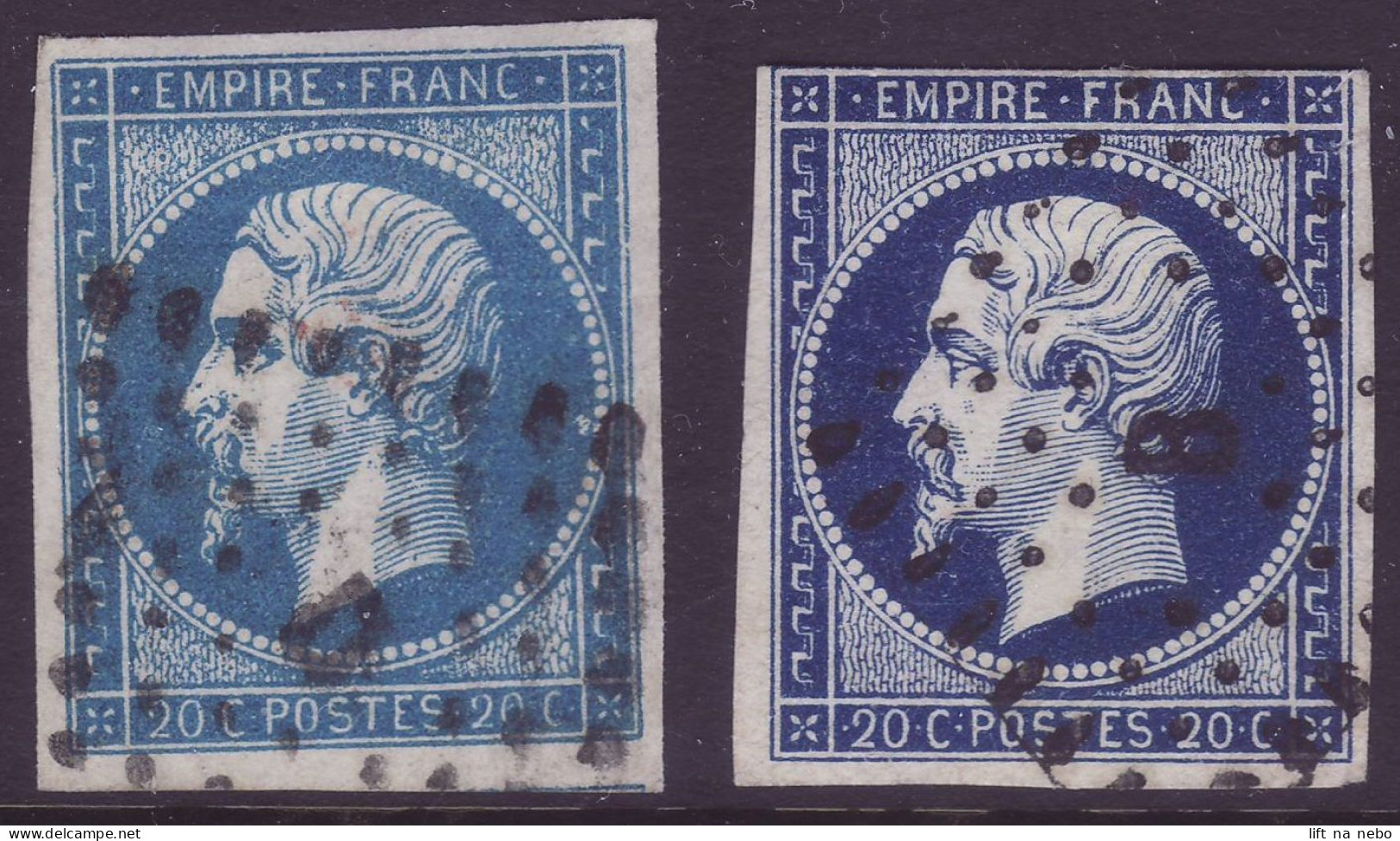 FRANCE 1853-1860 LOT Two Stamps 20c Bleu YT N°14 Oblitération 'D' Et 'B' - 1853-1860 Napoleon III