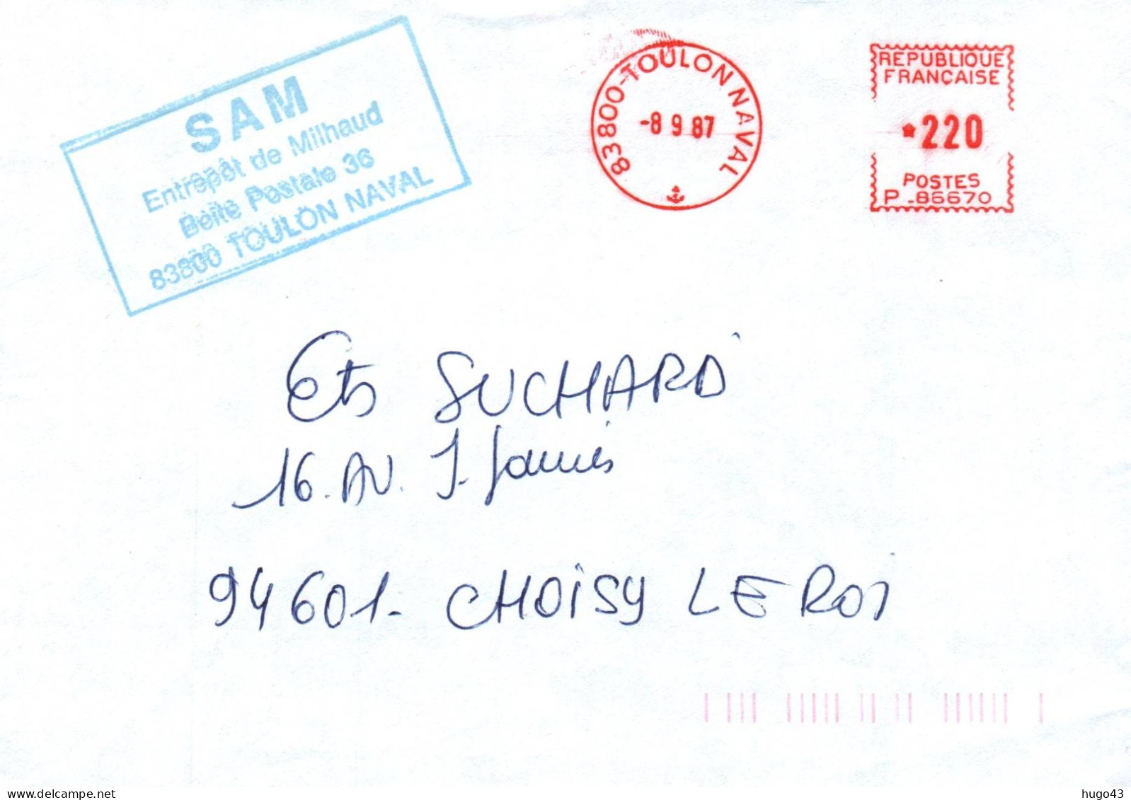 ENVELOPPE  AVEC FLAMME E.M.A - TOULON NAVAL - LE 08/9/1987 - SAM ENTREPOT DE MILHAUD - Seepost