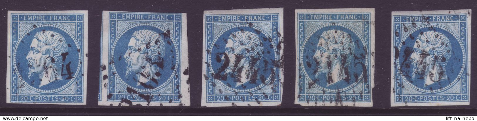 FRANCE 1853-1860 LOT Five Stamps 20c Bleu YT N°14 Oblitération Gros Chiffres - 1853-1860 Napoleon III