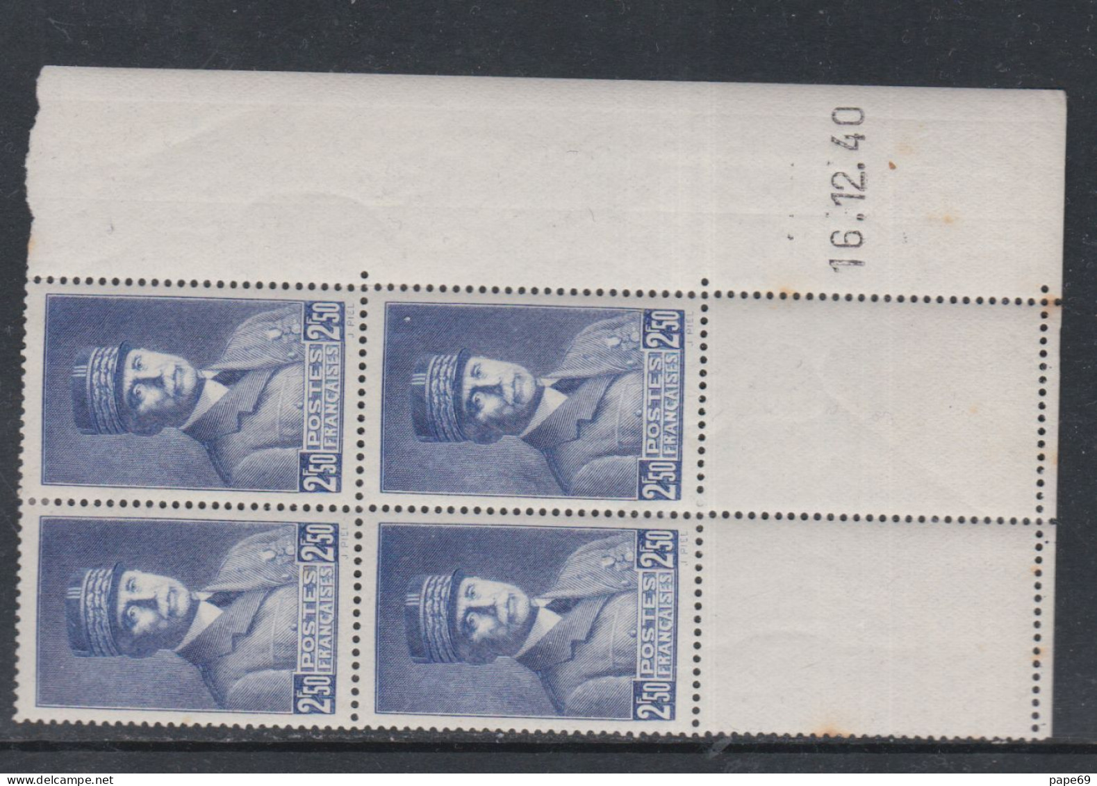 France N° 473 XX : Type Mal Pétain : 2 F. 50 Bleu En Bloc De 4 Coin Daté Du 16 . 12 . 40 ;  Sans Charnière, TB - 1940-1949