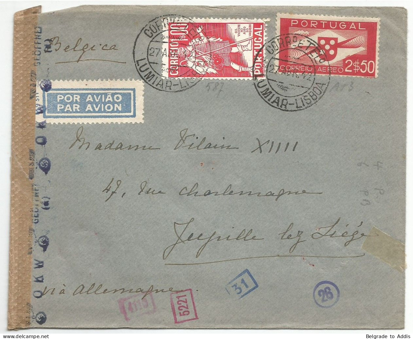 Portugal Air Mail Censored Cover To Belgium 1942 German Censorship - Cartas & Documentos