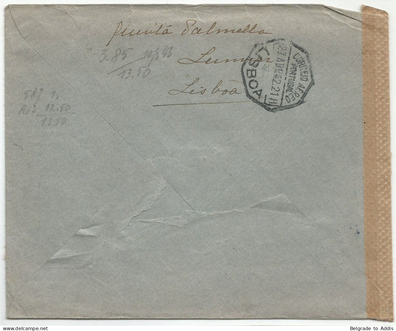 Portugal Air Mail Censored Cover To Belgium 1942 German Censorship - Briefe U. Dokumente