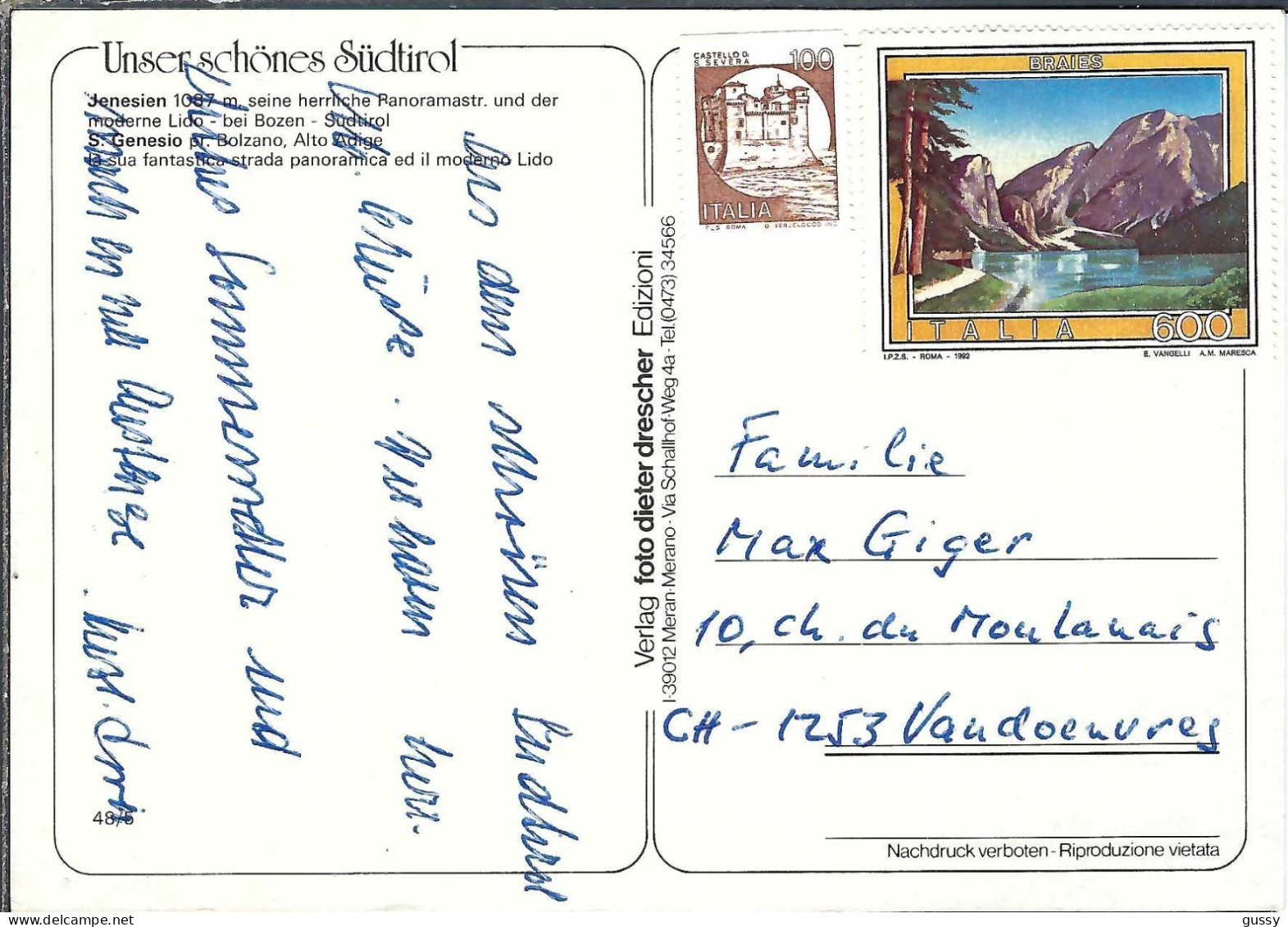 ITALIE Ca.1992: CP Ill. De S. Genesio Pour Vandoeuvres (Suisse) - 1991-00: Marcofilia