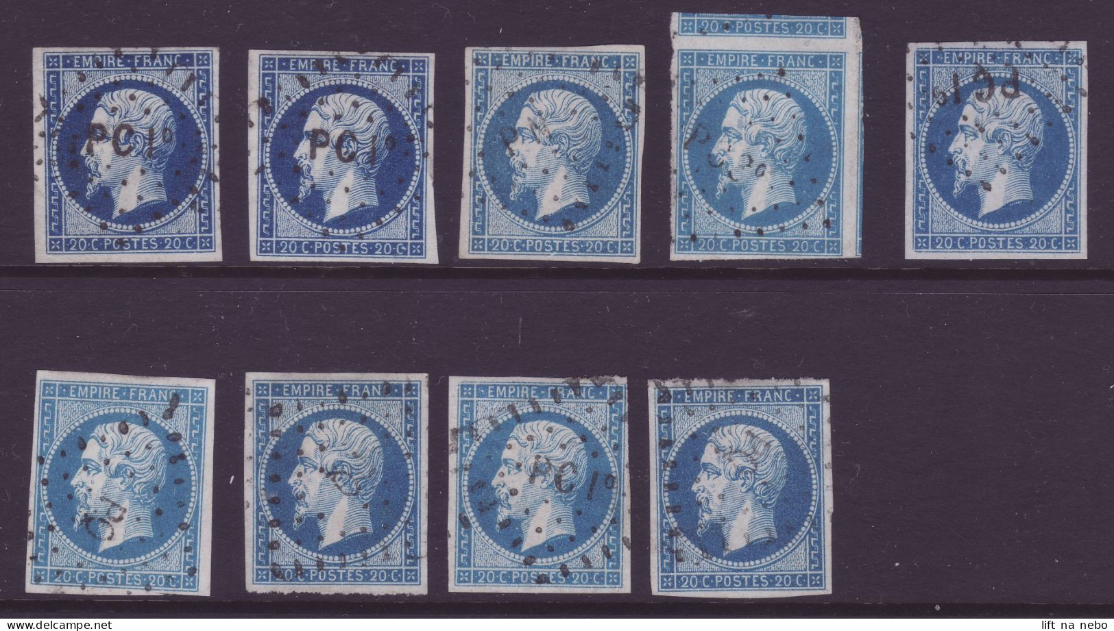 FRANCE 1853-1860 LOT Nine Stamps 20c Bleu YT N°14 Oblitération PC1° - 1853-1860 Napoleone III