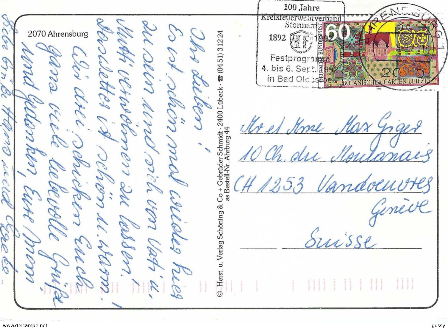 ALLEMAGNE Ca.1992: CP Ill. De Ahrensburg Pour Vandoeuvres (Suisse) - Cartas & Documentos