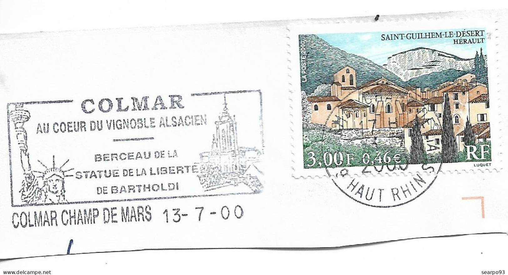 FRANCE. POSTMARK. COLMAR. 2000. STATUE OF LIBERTY. BARTHOLDI - 1961-....