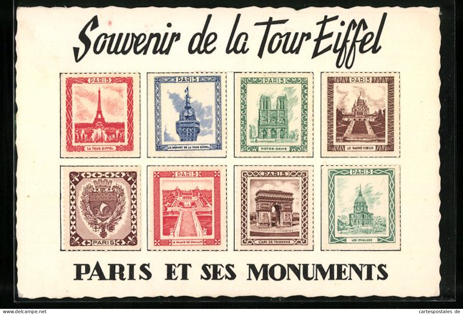 CPA Paris, Souvenir De La Tour Eiffel, Paris Et Ses Monuments, Briefmarken  - Autres & Non Classés