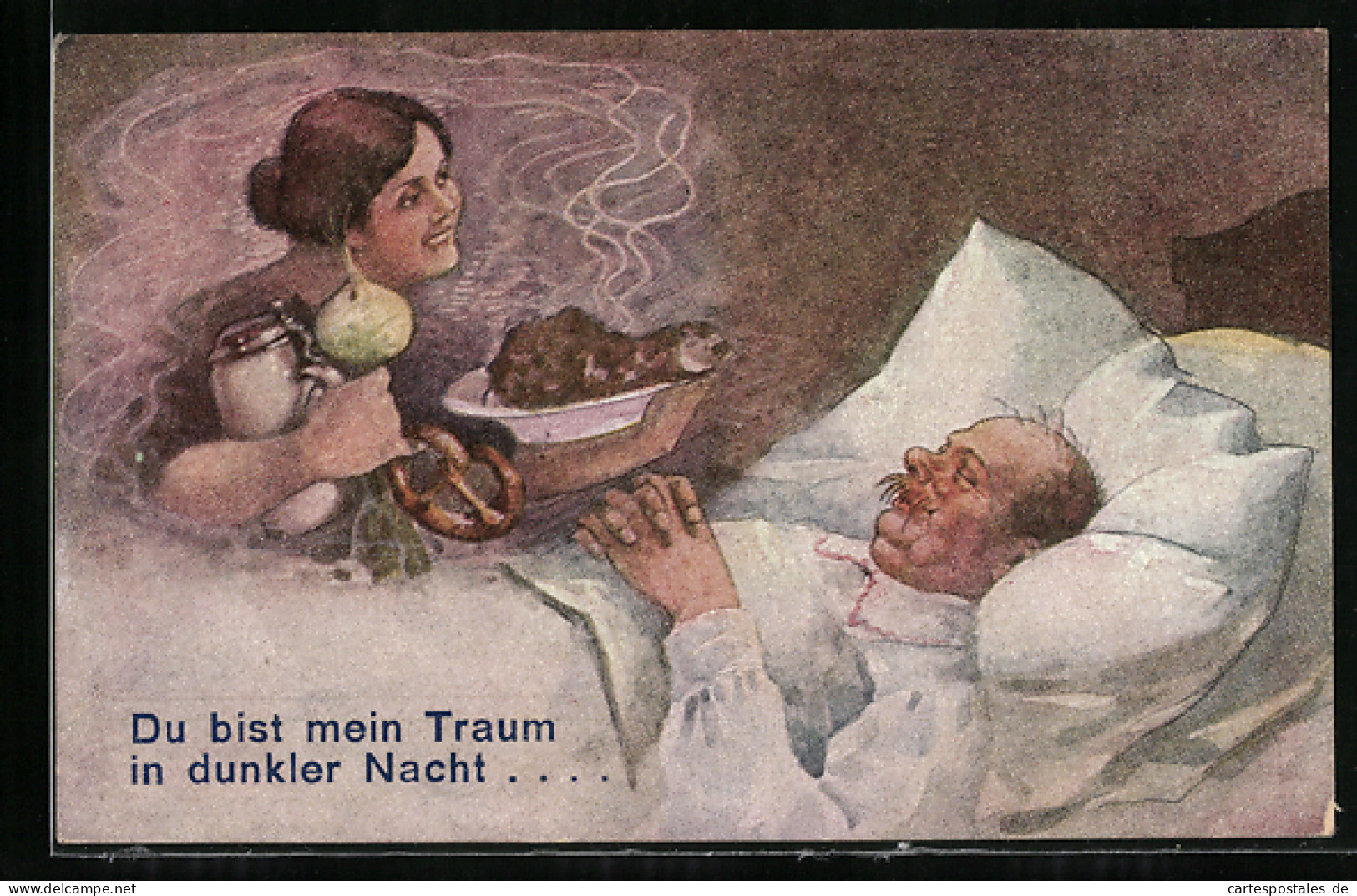 AK Du Bist Mein Traum In Dunker Nacht..., Schläfer Träumt Von Haxe Und Bier  - Humor