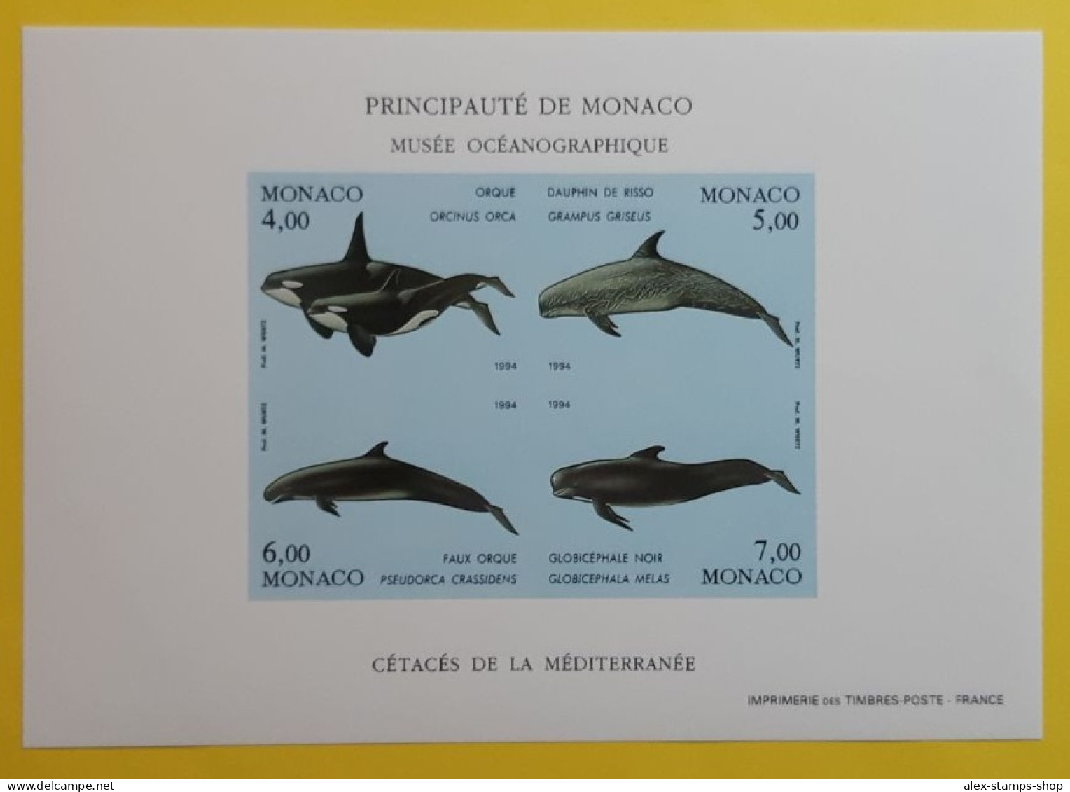MONACO 1994 Sheet Whales/Dolphin/Marine Mammals/Nature INPERFORATE - Yv 64a RARE - Unused Stamps