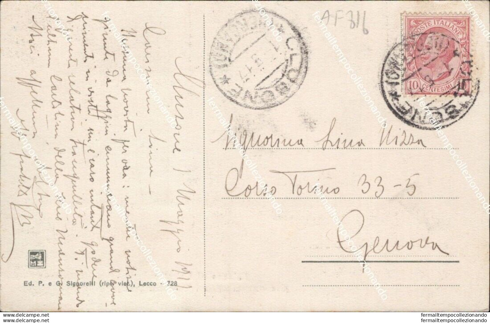 Af816 Cartolina Lecco Citta' Palazzo Al Caleotto 1917 Lombardia - Lecco