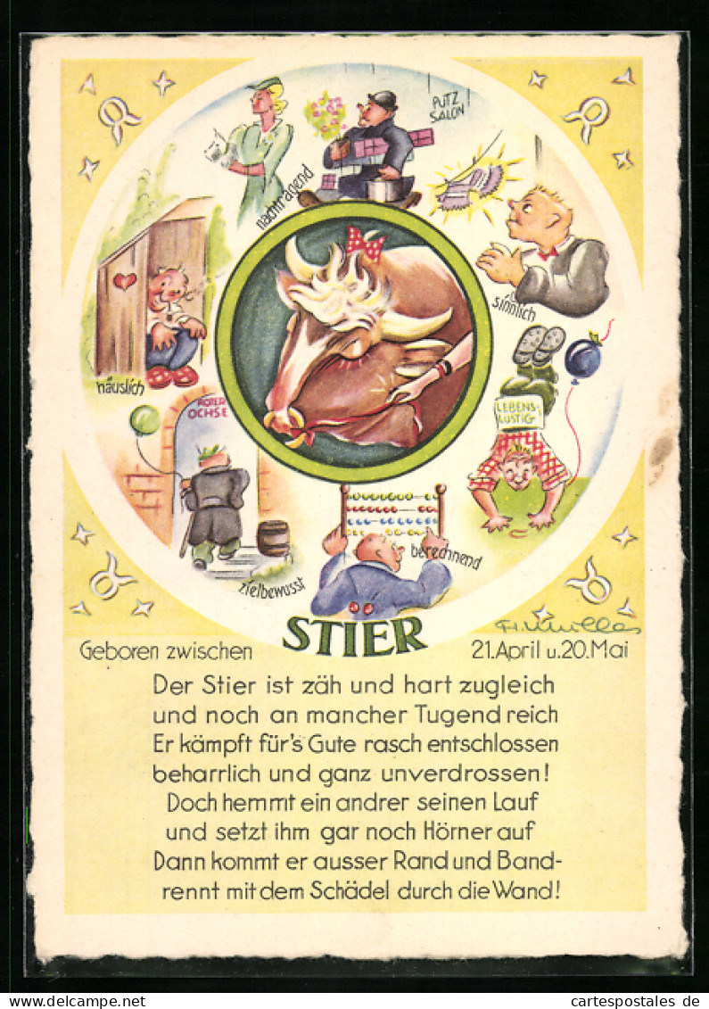 Künstler-AK Sternzeichen Stier, Wesenszüge  - Astronomia