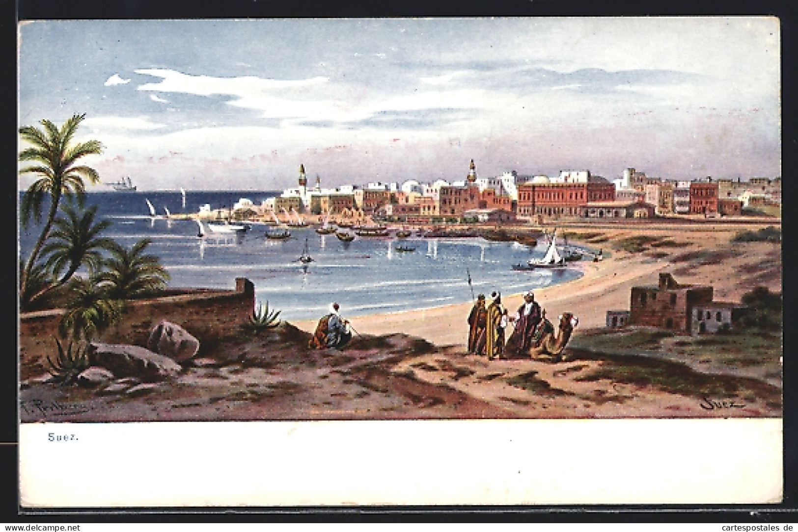 Künstler-AK F.Perlberg: Suez, Hafen Mit Dampfern  - Perlberg, F.