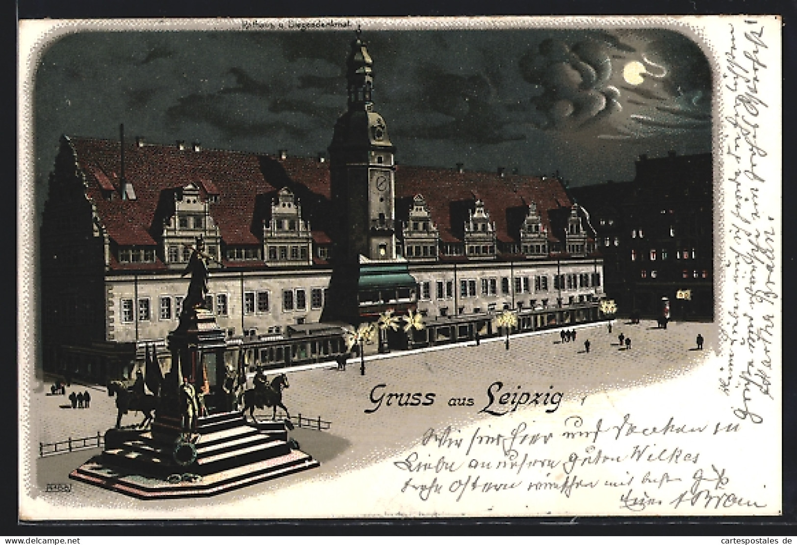 Mondschein-Lithographie Leipzig, Rathaus Und Siegesdenkmal Aus Der Vogelschau  - Leipzig