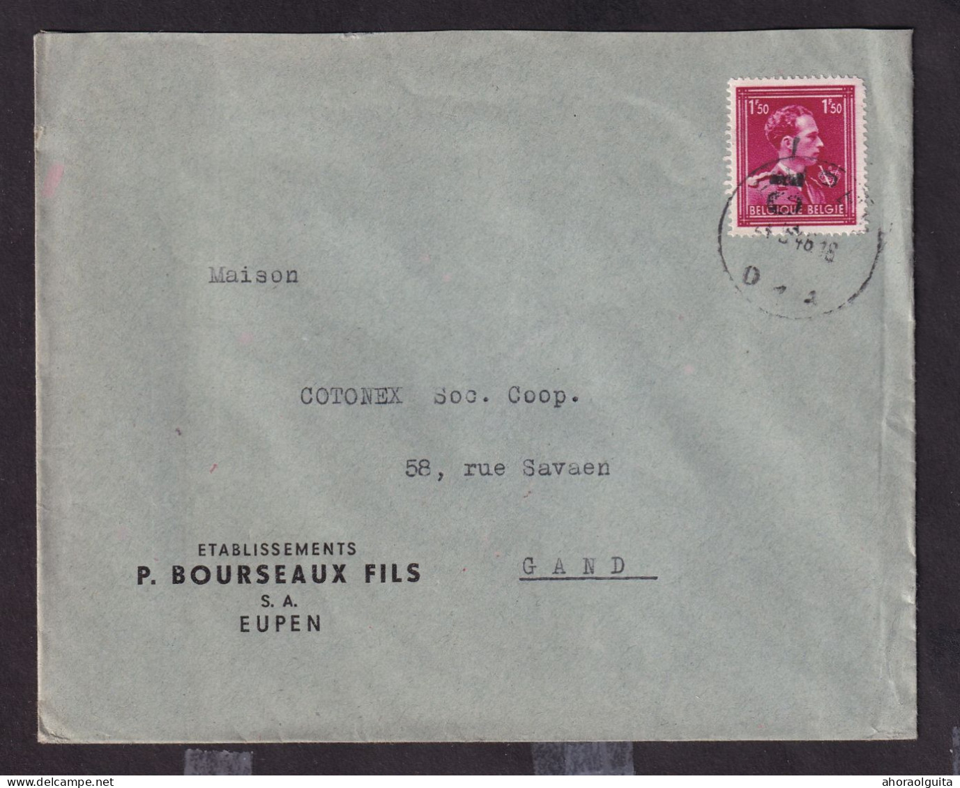 DDGG 152 -- Enveloppe TP Moins 10 % Surcharge Locale EUPEN 1946 - Entete Etablissements P. Bourseaux Fils - 1946 -10%