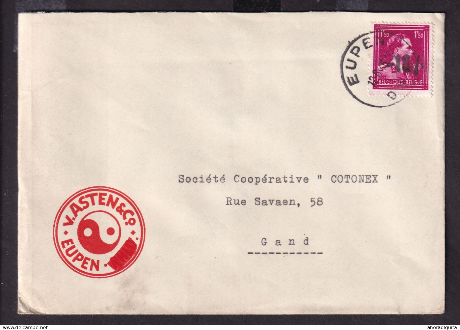 DDGG 153 -- Enveloppe TP Moins 10 % Surcharge Locale EUPEN 1946 - Entete Illustrée V. Asten § Co - 1946 -10 %