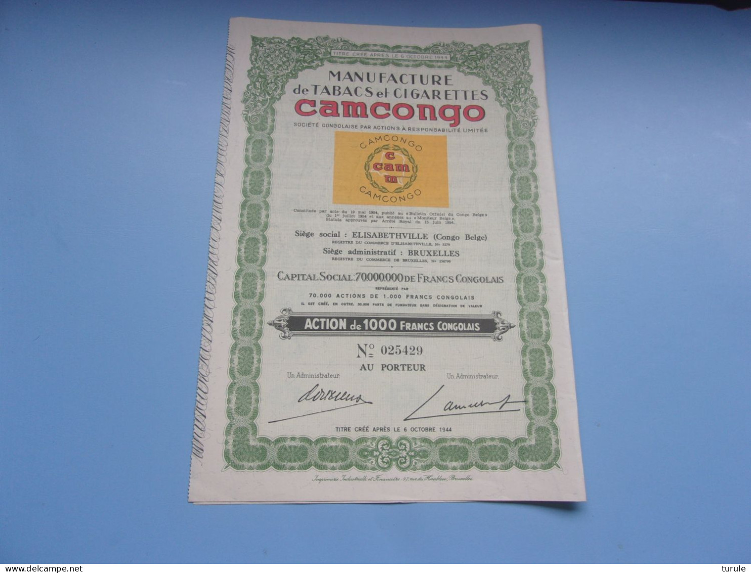 CAMCONGO Manufacture Tabacs Et Cigarettes (ELISABETHVILLE , CONGO BELGE) - Other & Unclassified