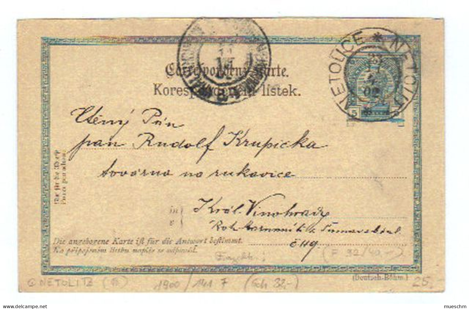 Österreich, 1902, Corresp.karte Mit Eingedr. 5Heller Frankatur,  Stempel V. Netolice U. Kräl.Vinohracz (12162W) - Postkarten