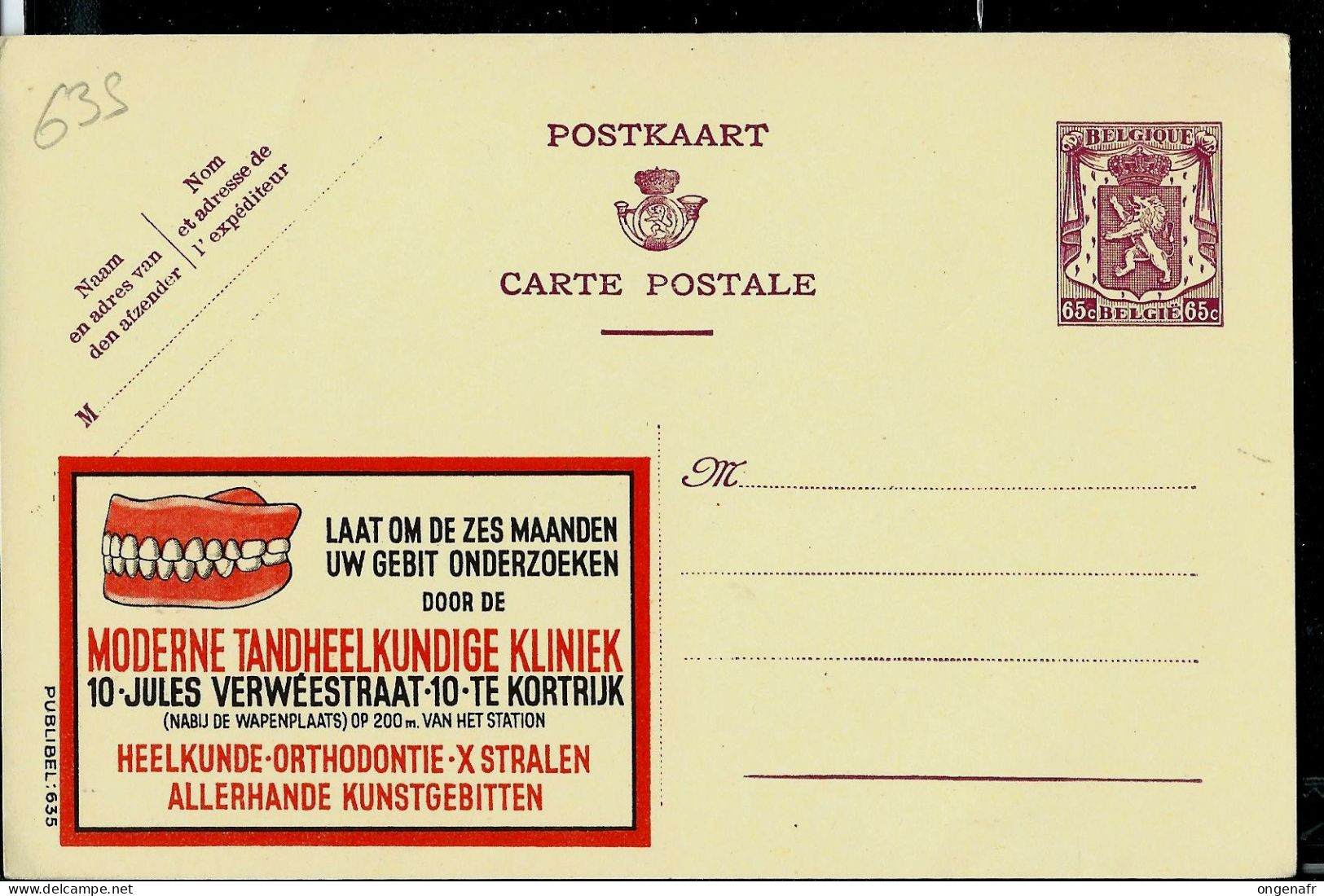 Publibel Neuve N° 635 ( Clinique Dentaire - KORTRIJK) - Werbepostkarten