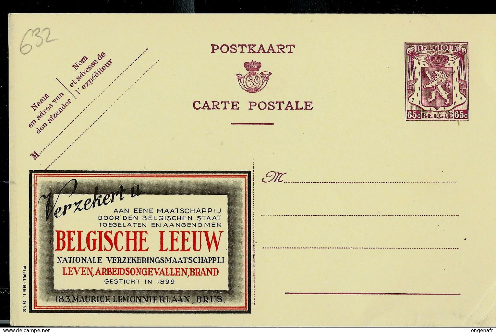 Publibel Neuve N° 632 ( Assurez-vous - LION BELGE ) - Werbepostkarten