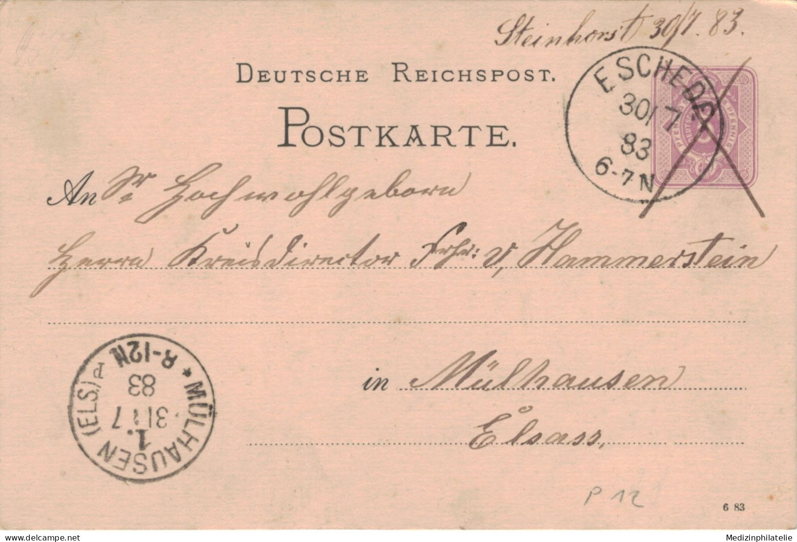 Ganzsache 5 Pfennig - Wippermann Gutsaufseher Eschede 1883 > Kreisdirektor Von Hammerstein Mülhausen - Innenminister? - Briefkaarten