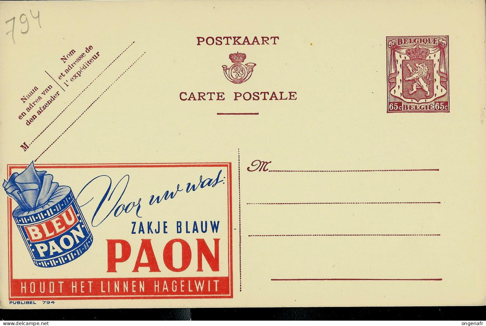 Publibel Neuve N° 794 ( Bleu PAON - Houdt Wet Linnen Hagelwit ) - Werbepostkarten