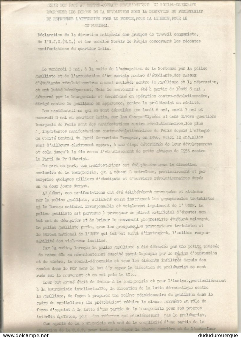 MAI 1968: TRACT : DECLARATION DE LA DIRECTION NATIONALE DES GROUPES DE TRAVAIL COMMUNISTE DE U.J.C. ( M. L .) - Unclassified