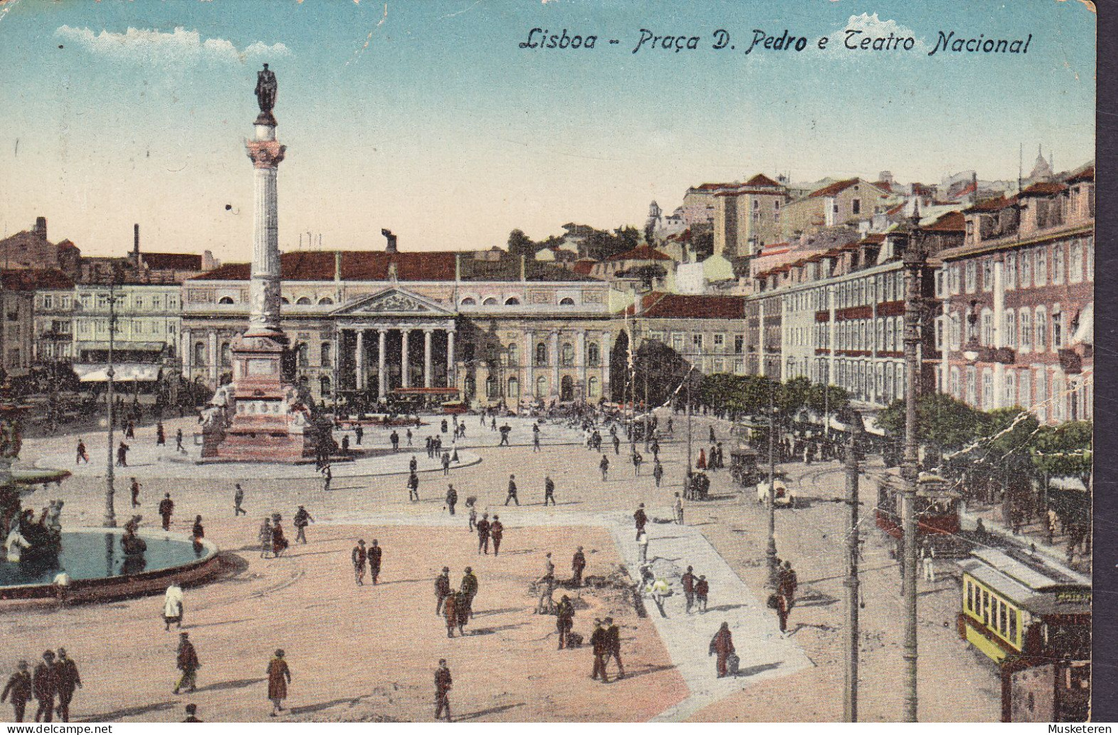 Portugal PPC Lisboa - Praca D. Pedro E Teatro Nacional Tram Tramways Deutsche Bahnpost 1924 VESTERVIG Denmark (2 Scans) - Lisboa