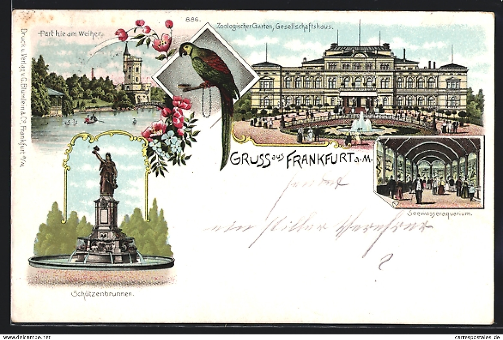 Lithographie Frankfurt-Ostend, Schützenbrunnen, Weiher-Partie, Papagei, Zoo-Gesellschaftshaus  - Frankfurt A. Main