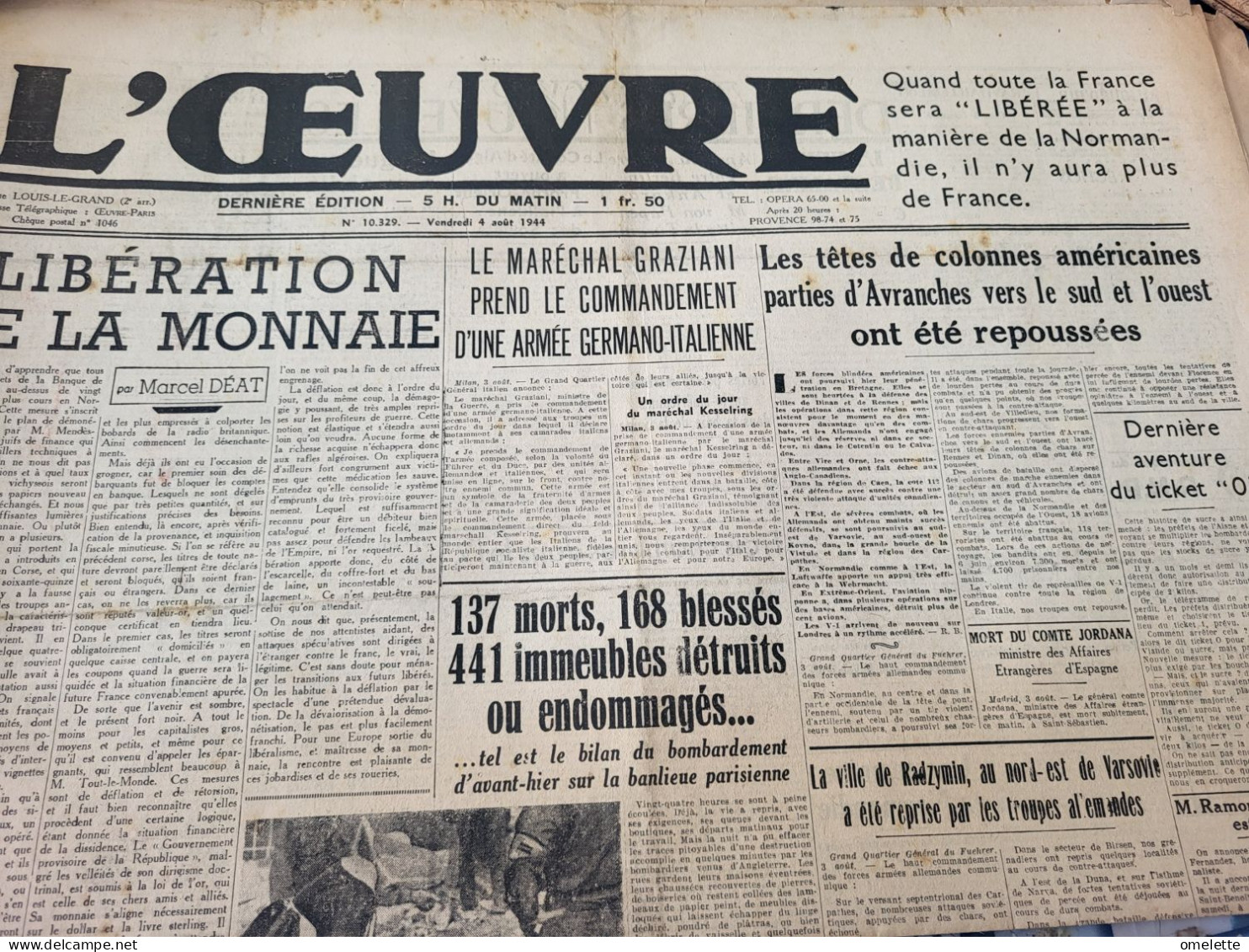 L OEUVRE 44/MARCEL DEAT MONNAIE /GRAZIANI /AVRANCHES /PARIS BOMBARDEMENTS - Autres & Non Classés