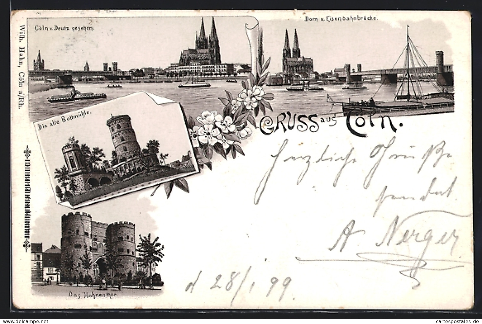 Lithographie Cöln, Alte Boltmühle, Hahnenthor, Dom Und Bahnbrücke, Ortsansicht Von Deutz Aus  - Koeln